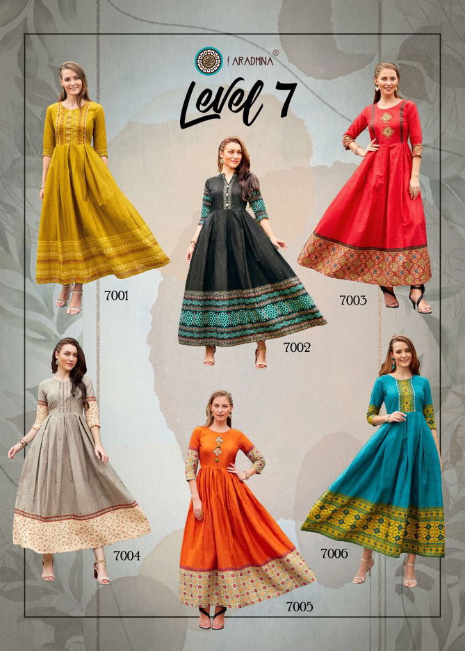 Aradhna Level 7 Fancy Wear Wholesale Cotton Anarkali Kurtis Catalog
